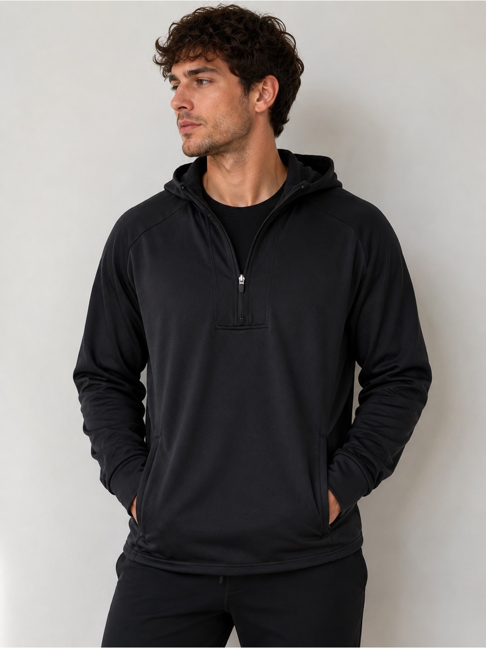 Tek Gear Men’s Black Quarter Zip Performance Hoodie Fleece Lined Pullover Size S